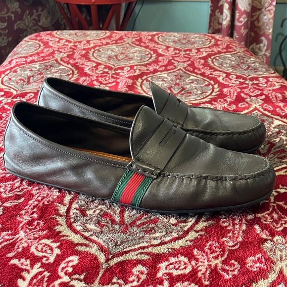 Gucci Other - Gucci Brown Leather Penny Loafers with Signature Red & Green Web